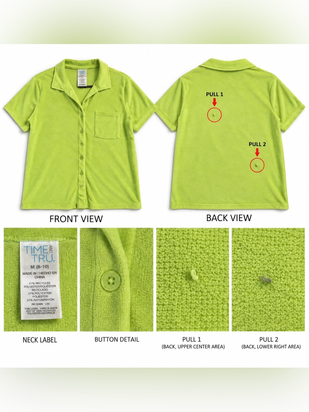 Time and Tru Women’s M 8-10 Lime Green Terry Cloth Button Front Shirt Pocket